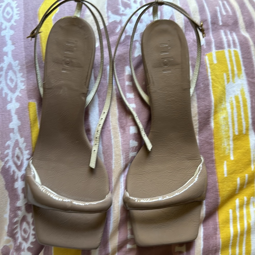 Tibi taupe patent Ola sandals, EU40, EUC, $95